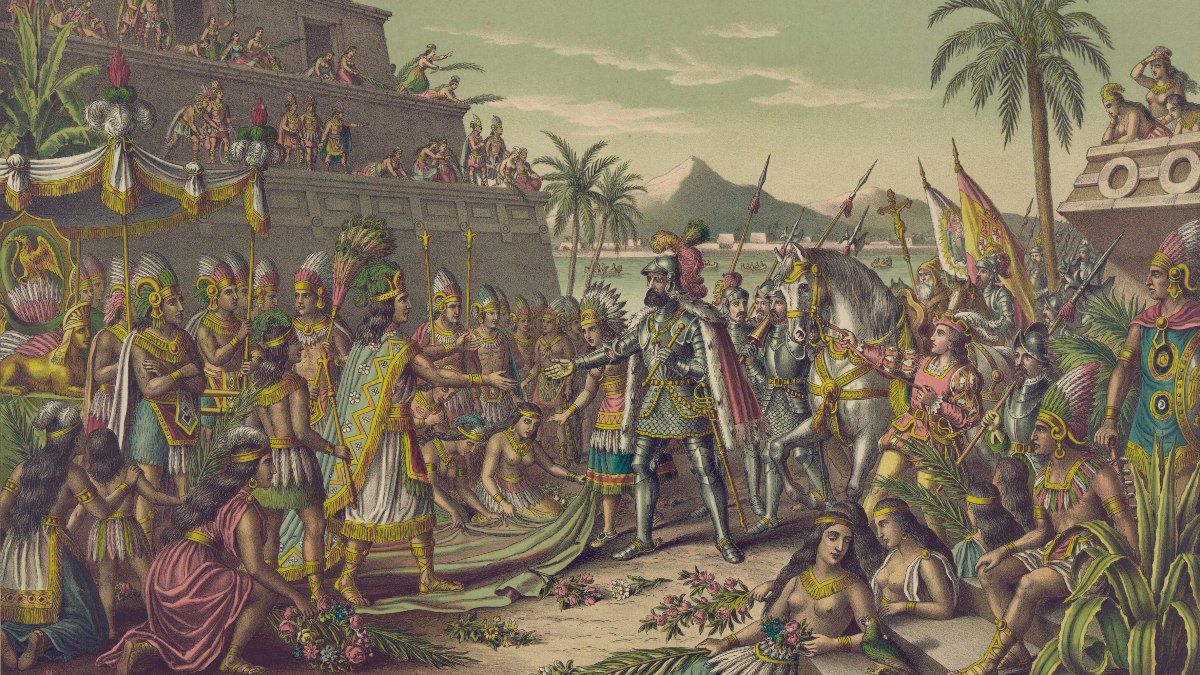Cuadro sobre el banquete que ofreció Moctezuma a Hernán Cortés. | Wikipedia